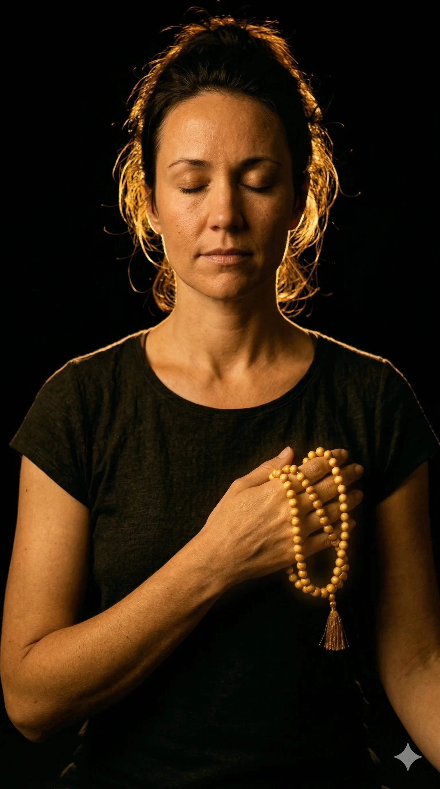 Woman in meditation holding mala beads