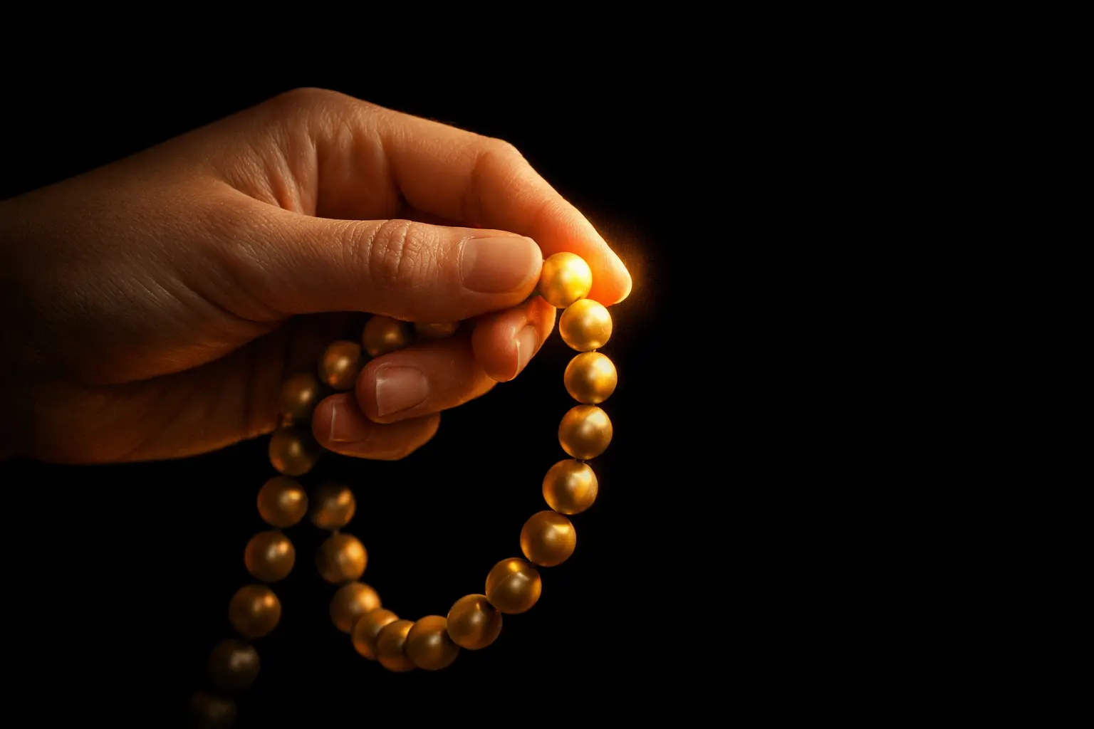 Hand counting golden mala beads