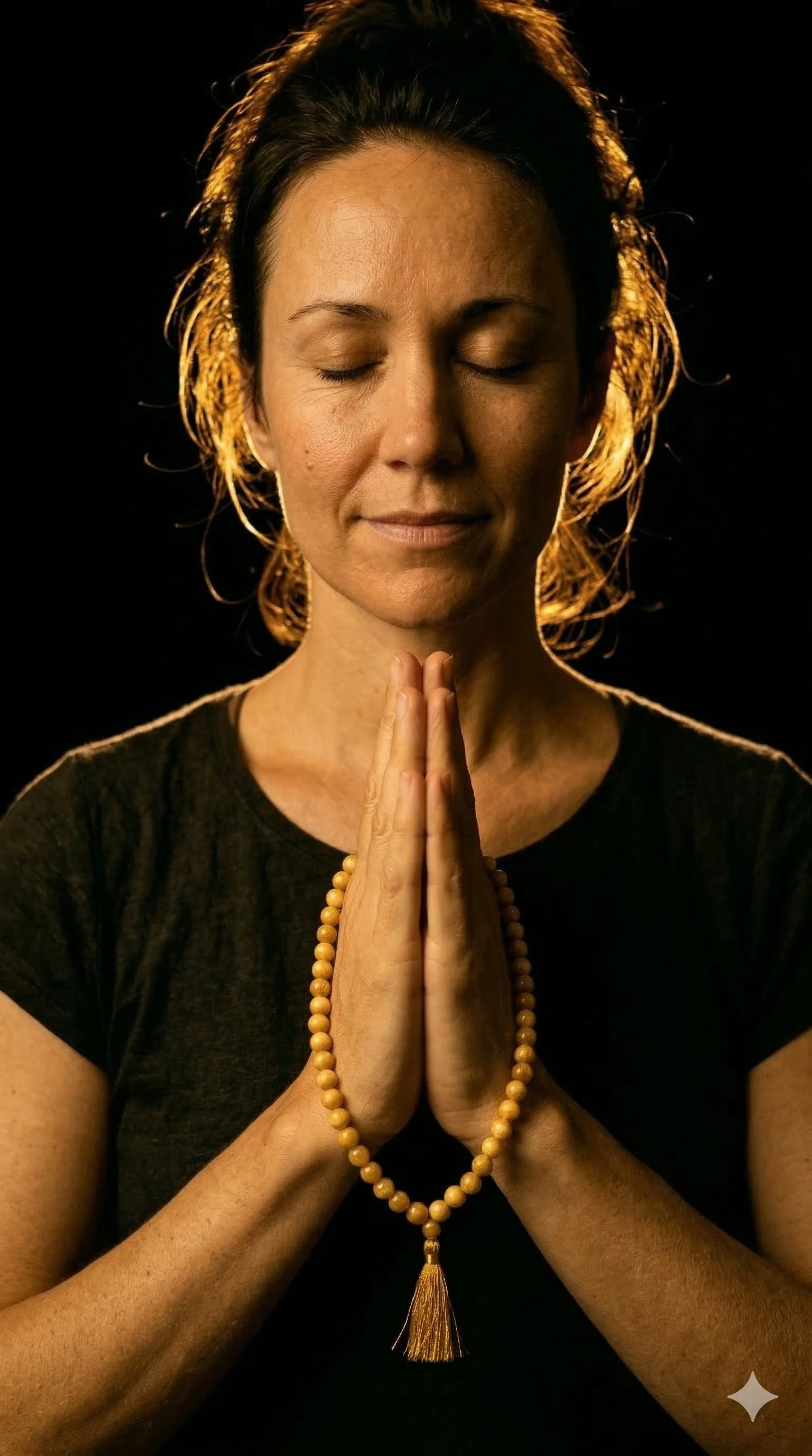 Hands in prayer with mala beads